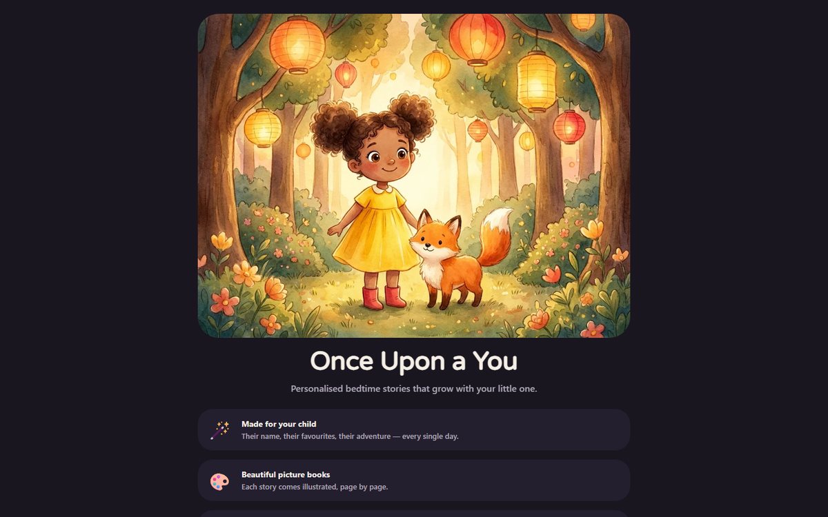 Once Upon a You welcome screen with an illustrated story cover