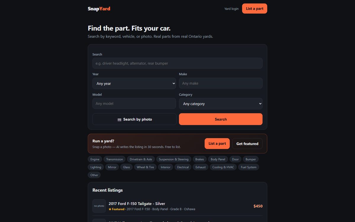 SnapYard homepage: search used parts by keyword, vehicle, or photo